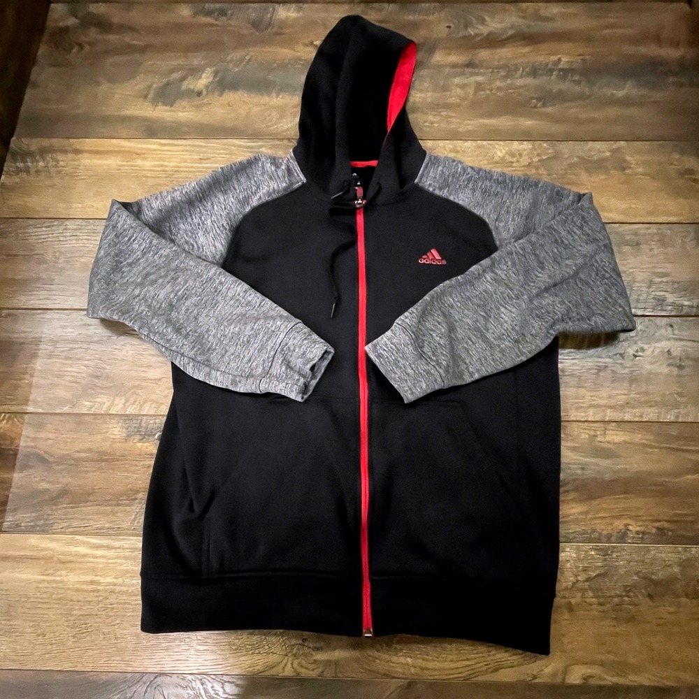 Adidas Climawarm Full Zip Hoodie Black Grey Red Raglan Large Cozy Activewear